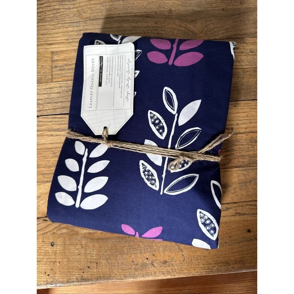 Pottery Barn Teen Dorm Leaflet Organic Bed Duvet Cover Full Queen FQ Navy Purple